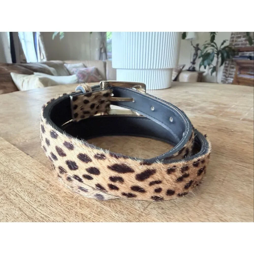 Hair-On Leather Leopard Print Belt Gold-Tone Buckle Made in USA Size S